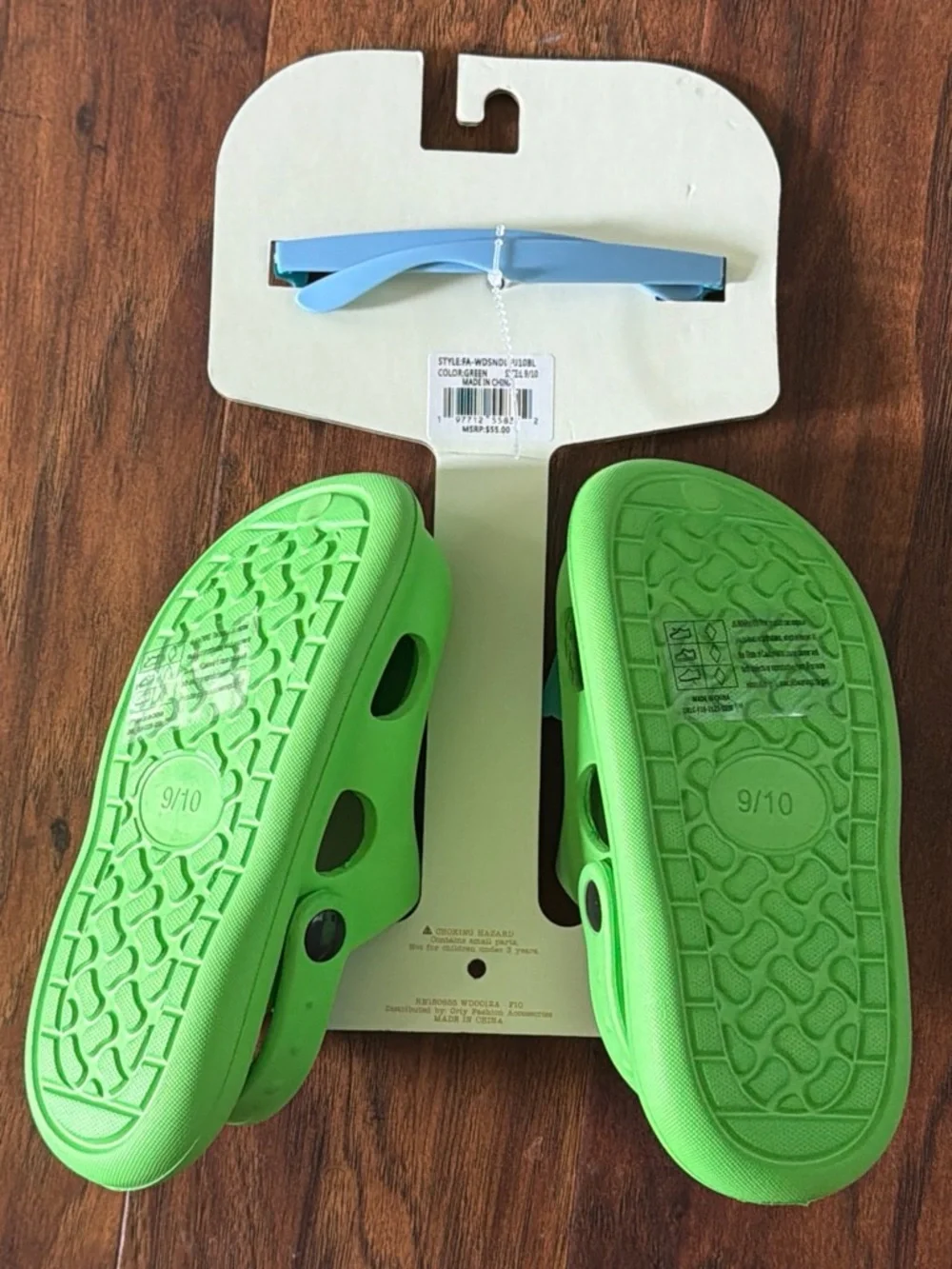 Kids Green Dino Clog Sandals with Blue Sunglasses - Size 9/10